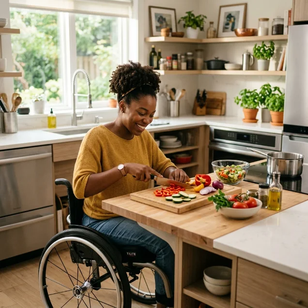 A person with a mobility aid in an accessible home